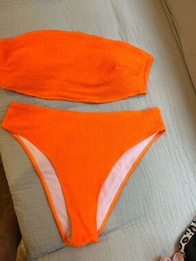 SHEIN Neon Orange Textured Bandeau Bikini Set